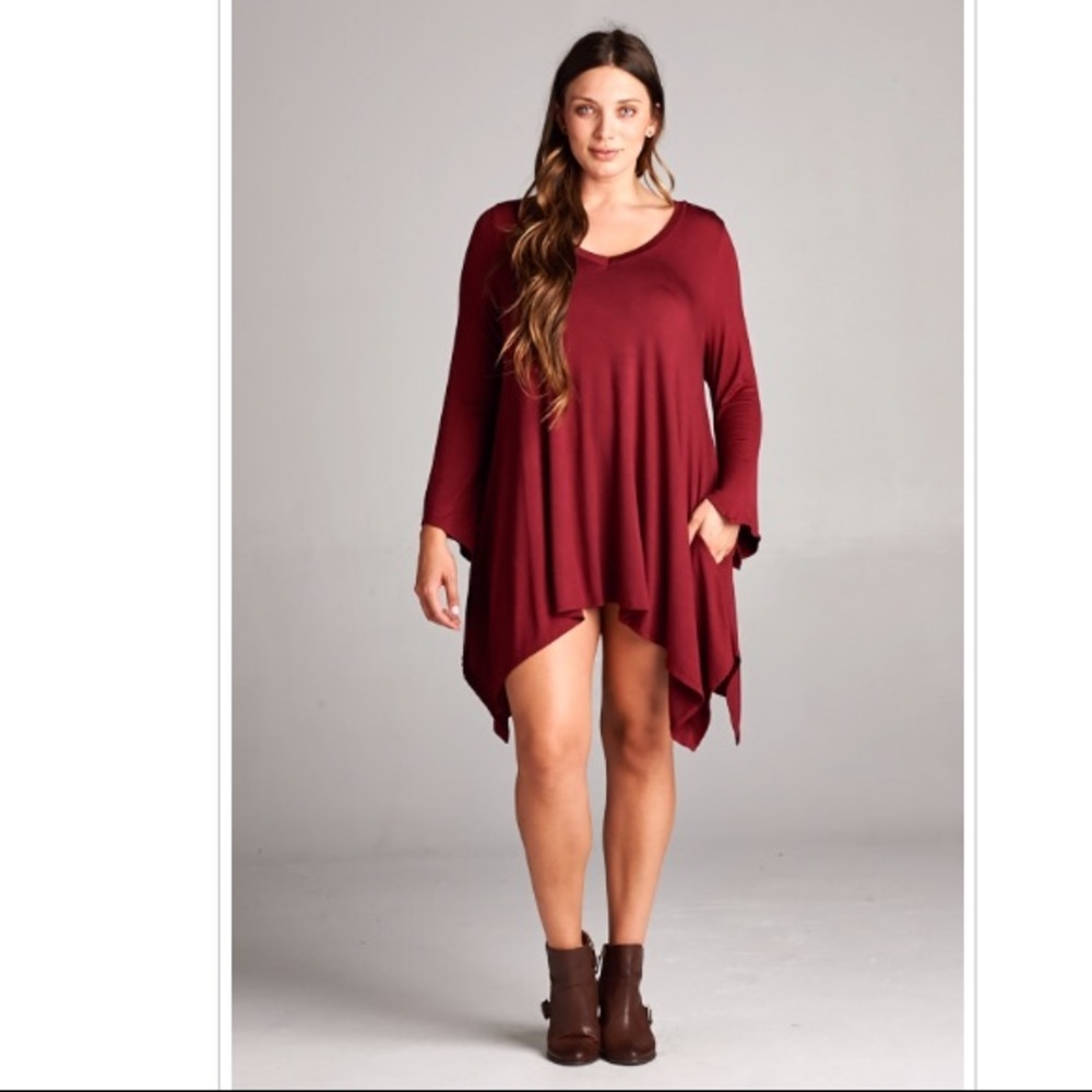 Plus Size Hi Low Bottom Hem Tunic Dress Maroon